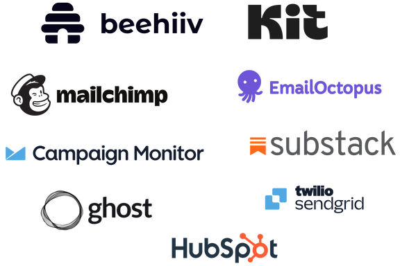 Cloud of ESP logos that Megahit integrates with, i.e., Beehiiv, Kit, Campaign Monitor, EmailOctopus, Ghost, HubSpot, Mailchimp, SendGrid, Substack